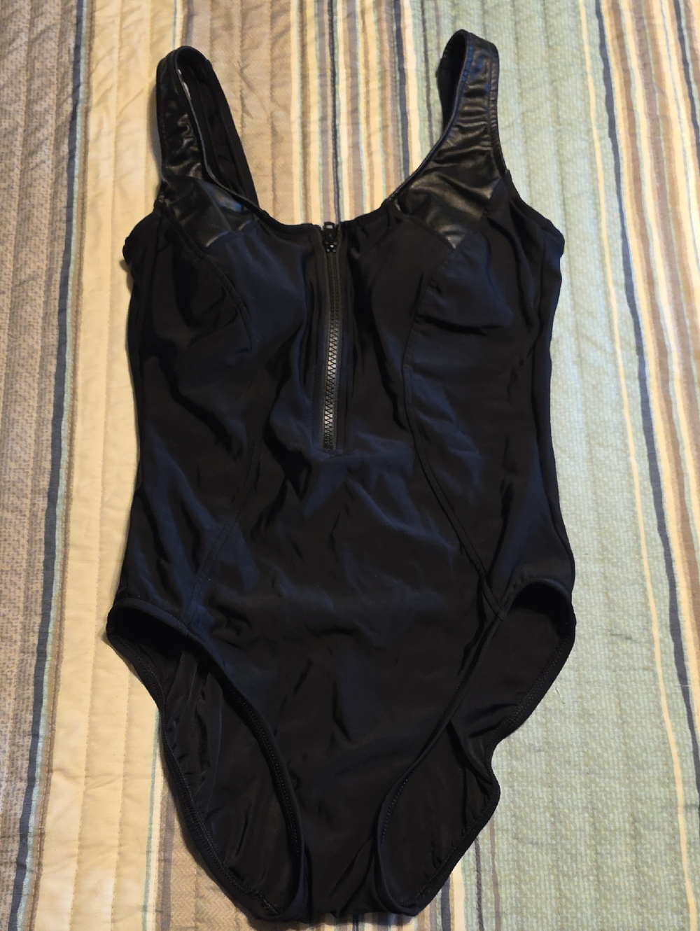 Aqua Green Black Zip-Front One-Piece Swimsuit